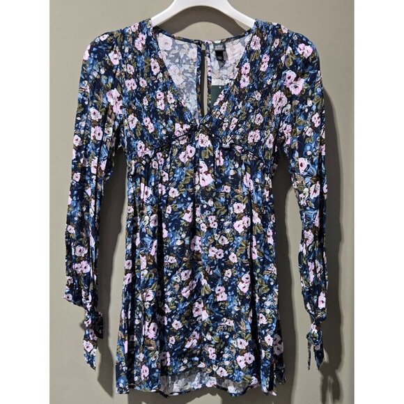 Wild Fable Keyhole Back Navy Blue & Floral Long Sleeve Mini Dress -- Size Small - Picture 2 of 8